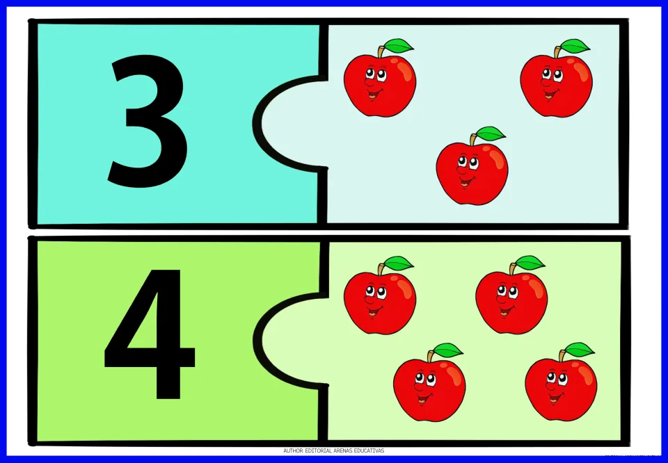 Apple number puzzles 3 and 4: two-piece puzzles pairing numeral 3 with three apples and 4 with four apples