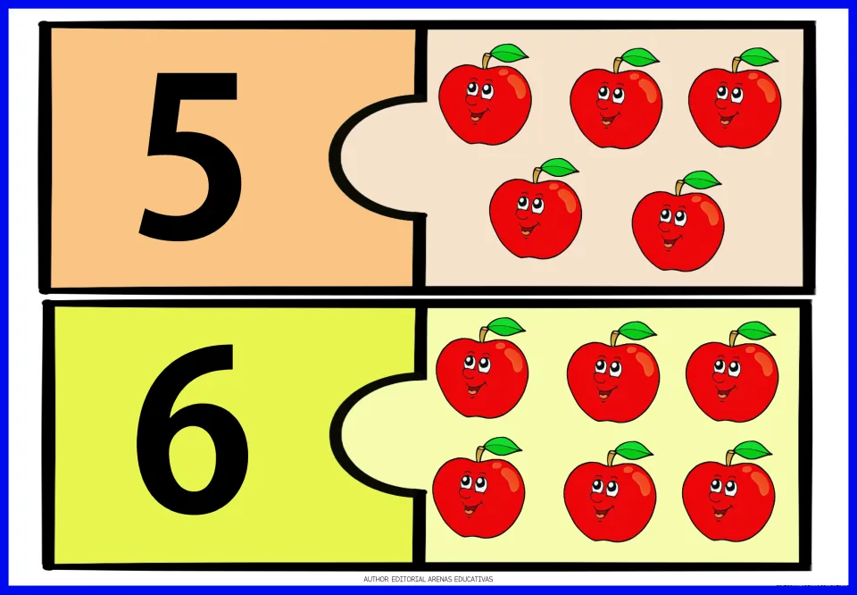 Apple number puzzles 5 and 6: two-piece puzzles pairing numeral 5 with five apples and 6 with six apples
