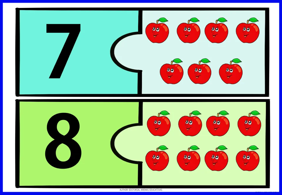 Apple number puzzles 7 and 8: two-piece puzzles pairing numeral 7 with seven apples and 8 with eight apples
