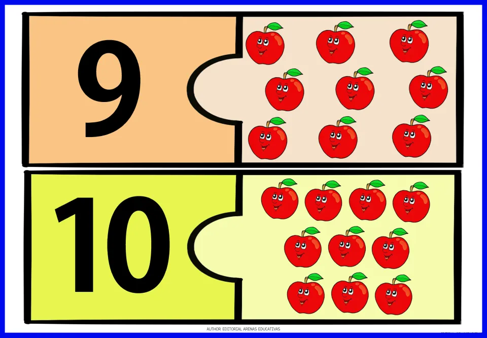 Apple number puzzles 9 and 10: two-piece puzzles pairing numeral 9 with nine apples and 10 with ten apples