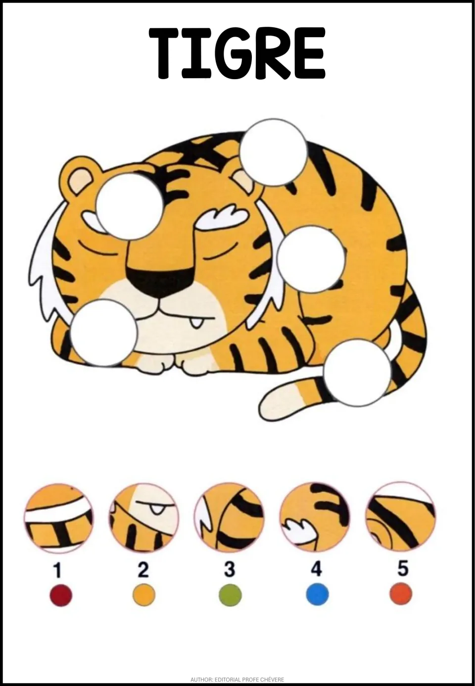 Animal puzzle 1: TIGRE (tiger), showing a striped tiger with five missing sections and picture choices 1–5
