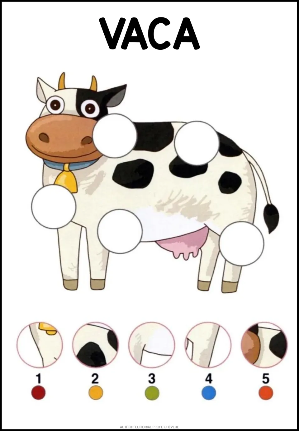 Animal puzzle 2: VACA (cow), showing a spotted cow with five missing sections and picture choices 1–5