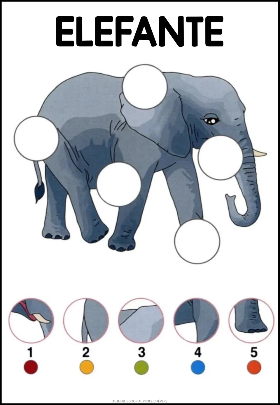 Animal puzzle 3: ELEFANTE (elephant), showing five missing sections and five numbered picture choices
