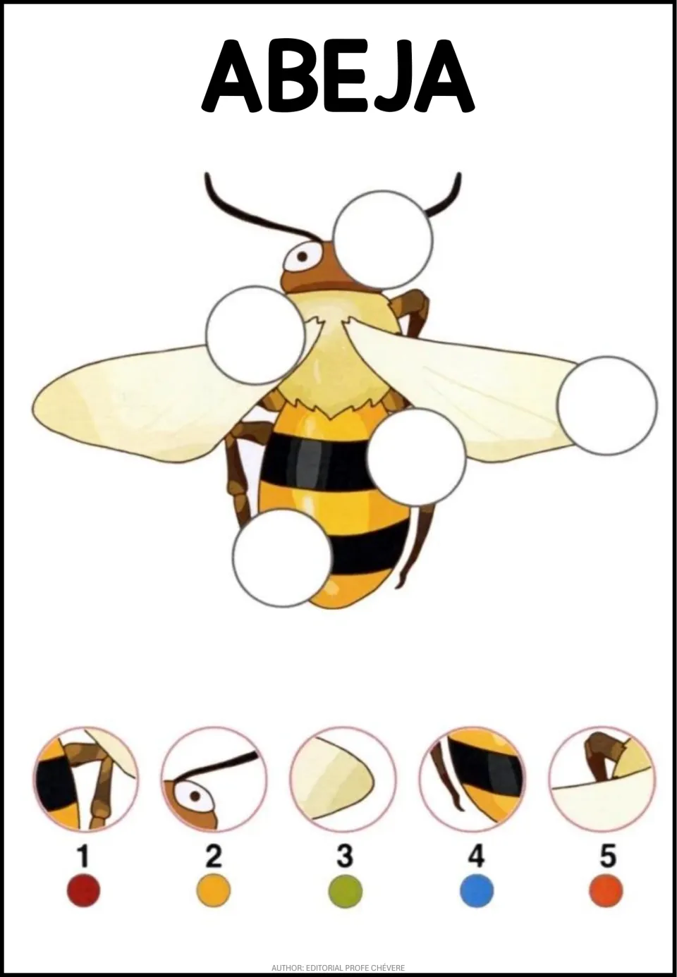 Animal puzzle 4: ABEJA (bee), showing a bee with five missing sections and five numbered picture choices