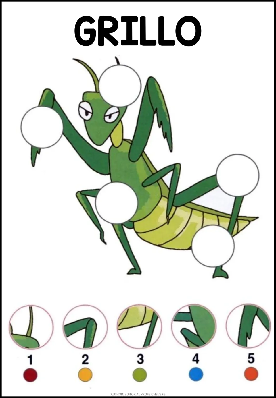Animal puzzle 5: GRILLO (cricket), showing a green insect with five missing sections and picture choices 1–5