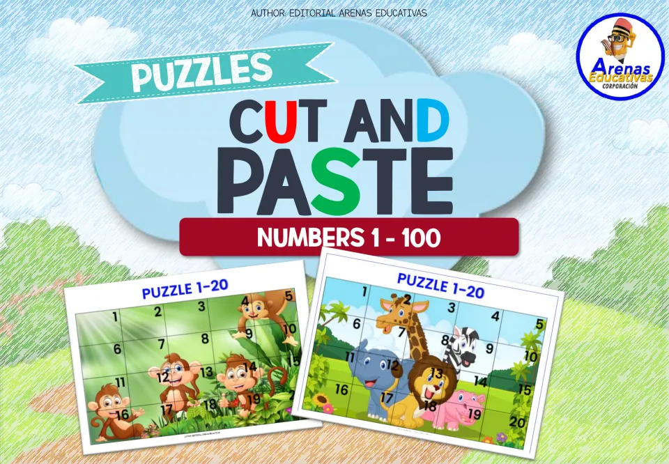 Cut and Paste Puzzles, Numbers 1-100 cover: previews of two 1-20 picture puzzles with monkeys and safari animals