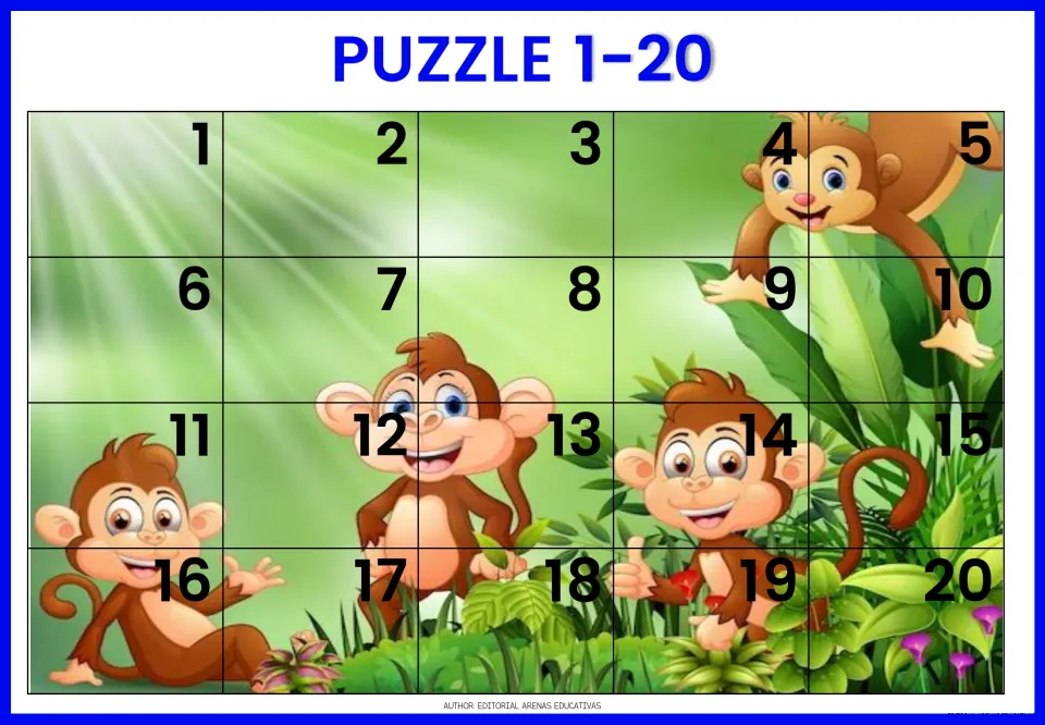 Monkey jungle puzzle 1-20: students cut out 20 numbered picture pieces to rebuild the scene in counting order