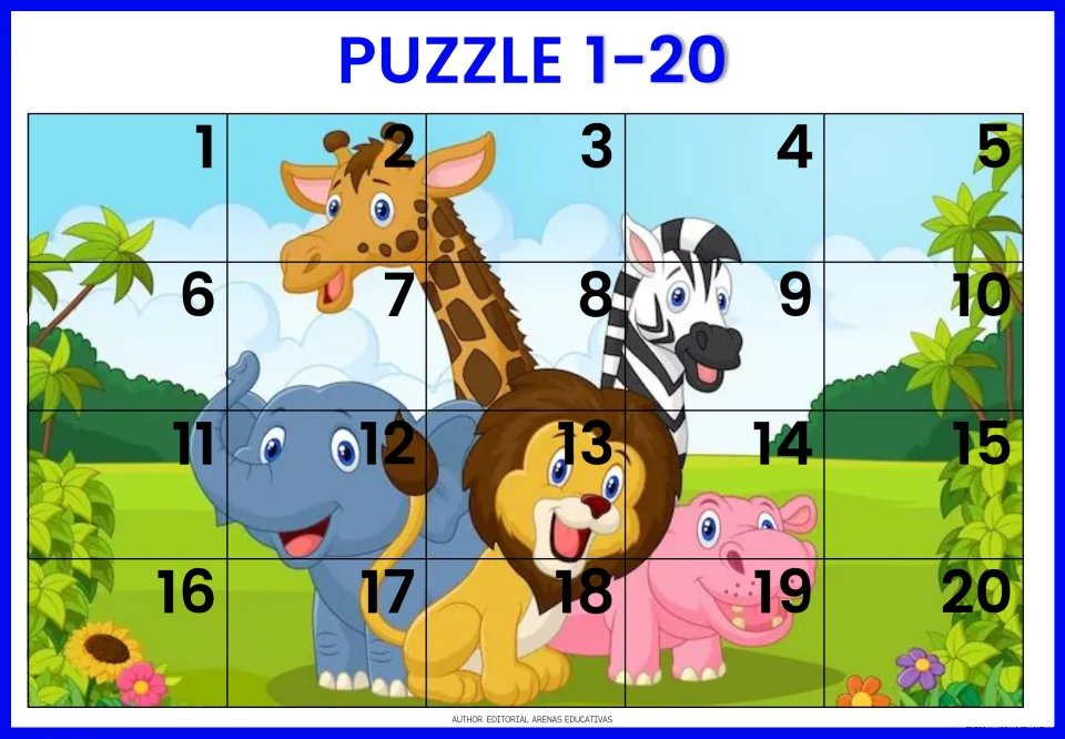Safari animal puzzle 1-20: giraffe, zebra, elephant, lion and hippo scene students cut into 20 numbered pieces and order