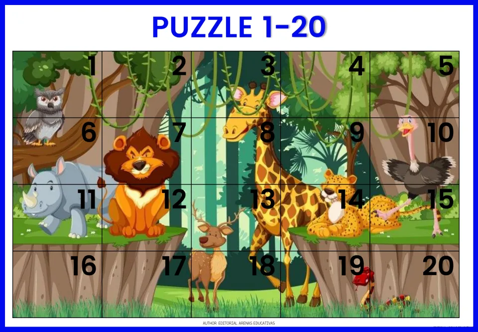 Forest animal puzzle 1-20: owl, lion, rhino, giraffe, deer, leopard and ostrich scene in 20 numbered pieces to sequence