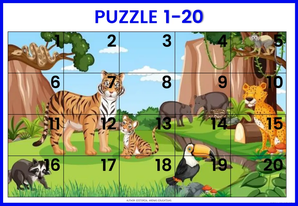 Tiger family puzzle 1-20: tigers, tapirs, leopard, toucan and raccoon picture split into 20 numbered pieces to order