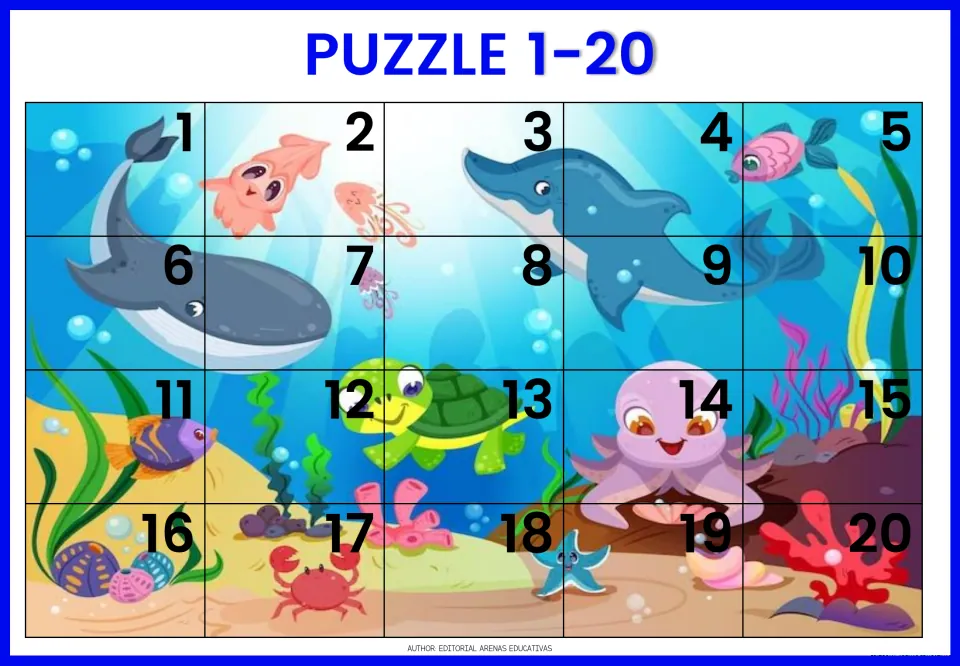 Ocean puzzle 1-20: whale, dolphin, turtle, octopus, crab and starfish scene cut into 20 numbered pieces to put in order