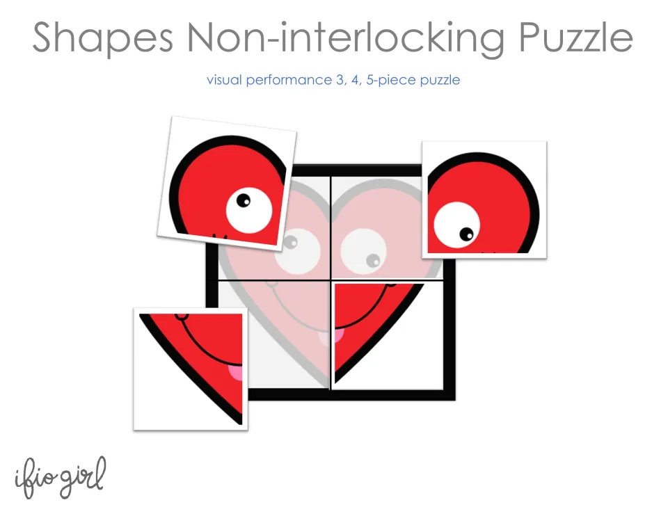 Shapes non-interlocking puzzle cover: a smiling heart face cut into four square pieces placed on its matching template