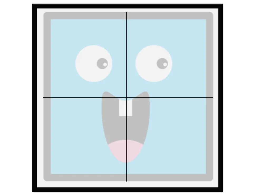 Faded square monster face template marked into four quarters, used as a guide for placing the 4-piece square puzzle