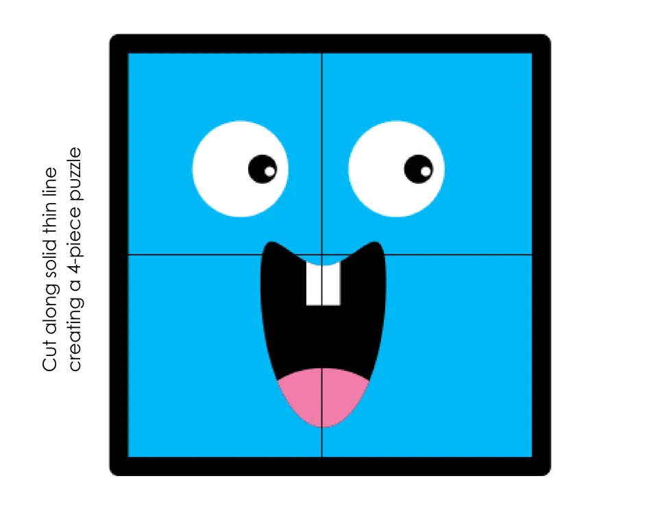 Blue square monster face with two eyes and a buck-toothed grin, cut along the thin lines into a 4-piece puzzle to rebuild