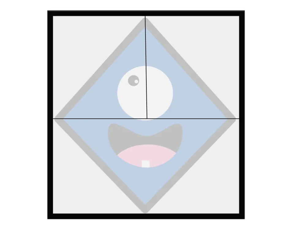 Faded diamond one-eyed face template divided into three sections, a guide for matching the 3-piece diamond puzzle