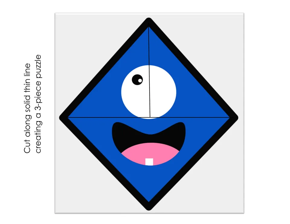 Blue diamond face with one eye and a wide open mouth, cut along the thin lines into a 3-piece puzzle to reassemble