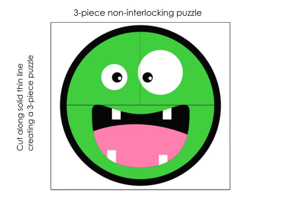 Green circle monster face with mismatched eyes and a toothy grin, cut along the thin lines into a 3-piece puzzle