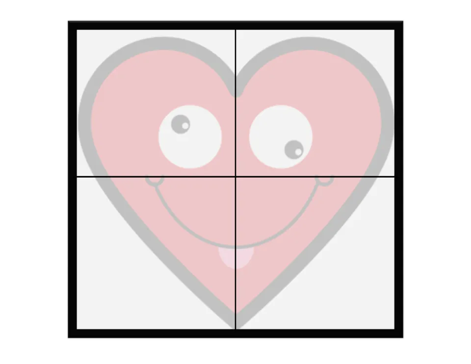 Faded heart face template divided into four quarters, a guide for placing the 4-piece heart puzzle pieces