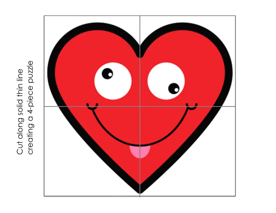 Red smiling heart face with its tongue out, cut along the thin lines into a 4-piece puzzle to rebuild on the template