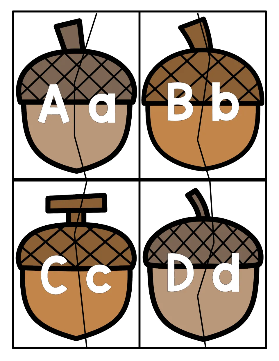 Acorn letter puzzles A to D: each acorn splits into two pieces so students match uppercase A, B, C, D to lowercase a-d