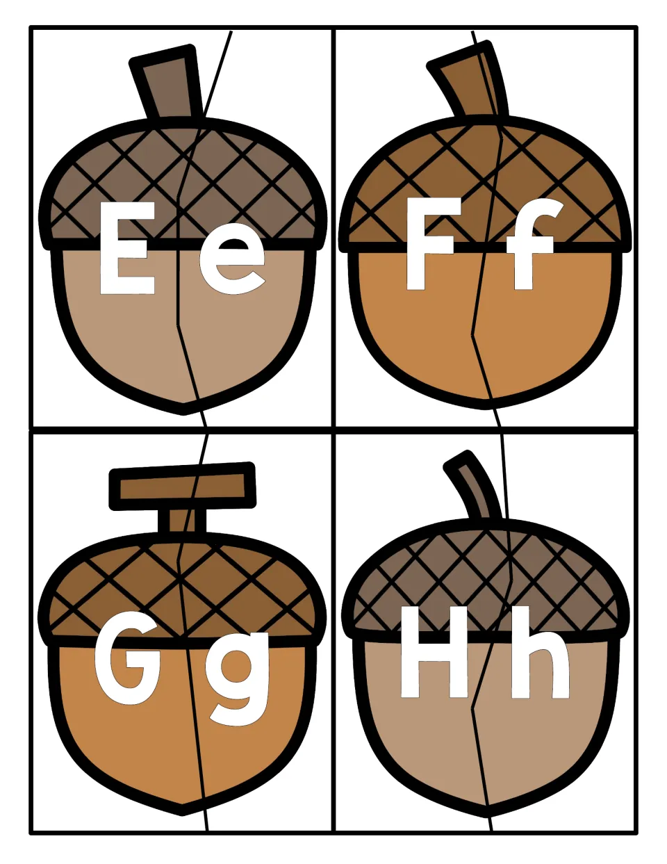 Two-piece acorn puzzles for E, F, G and H: students join each capital letter half to its matching lowercase half