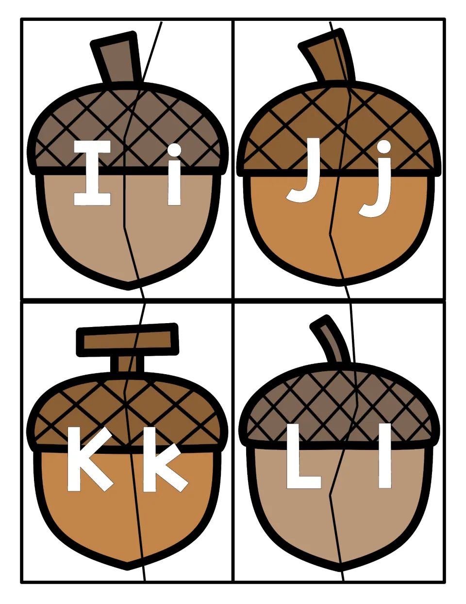 Acorn puzzles for letters I, J, K and L: students pair uppercase and lowercase halves to practise letter matching