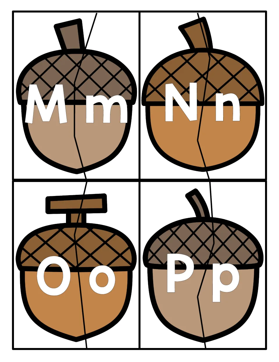 Acorn letter halves M, N, O and P: students fit each capital-letter piece to its lowercase partner to complete the acorn