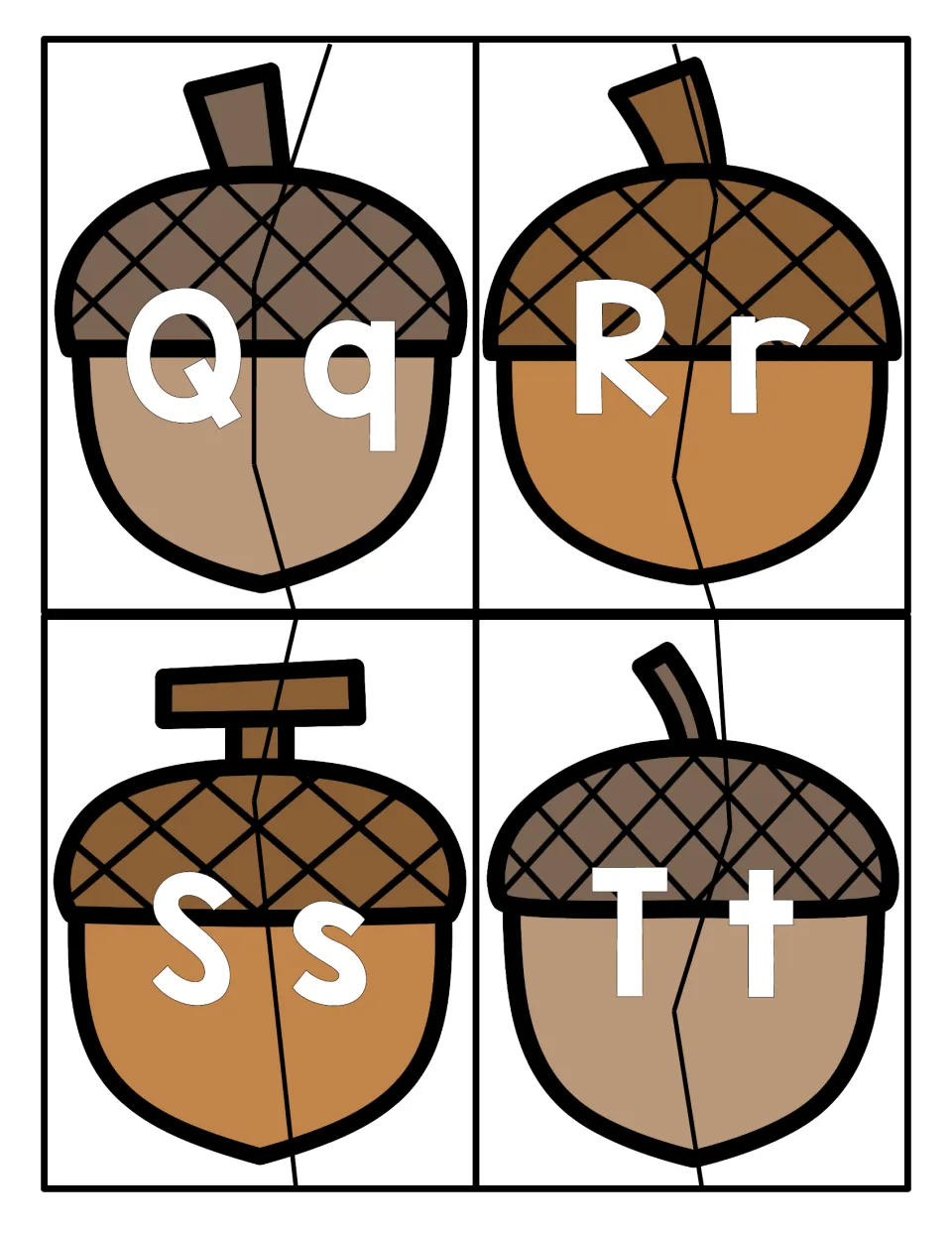 Acorn puzzles Q, R, S and T: students match uppercase Q, R, S, T pieces to lowercase q, r, s, t to build each acorn