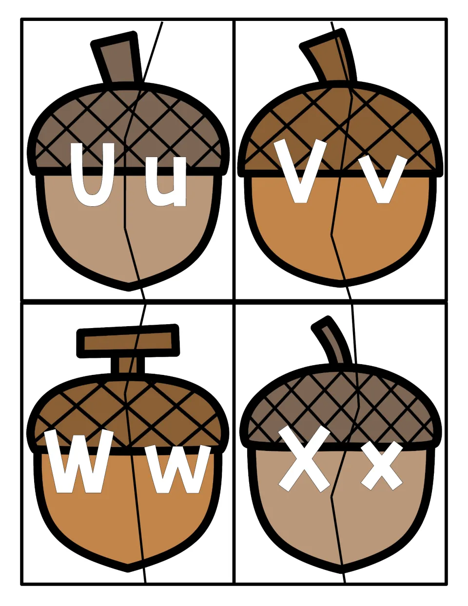 Upper- and lowercase matching acorns for U, V, W and X: students cut each acorn in two and rejoin the letter pairs
