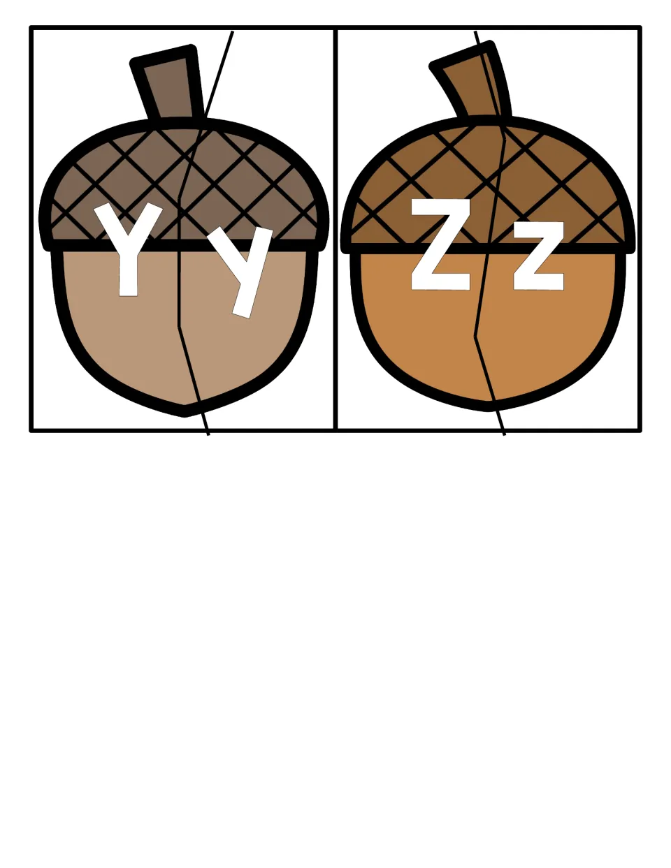 Final acorn letter puzzles for Y and Z: students match capital Y and Z halves to lowercase y and z halves