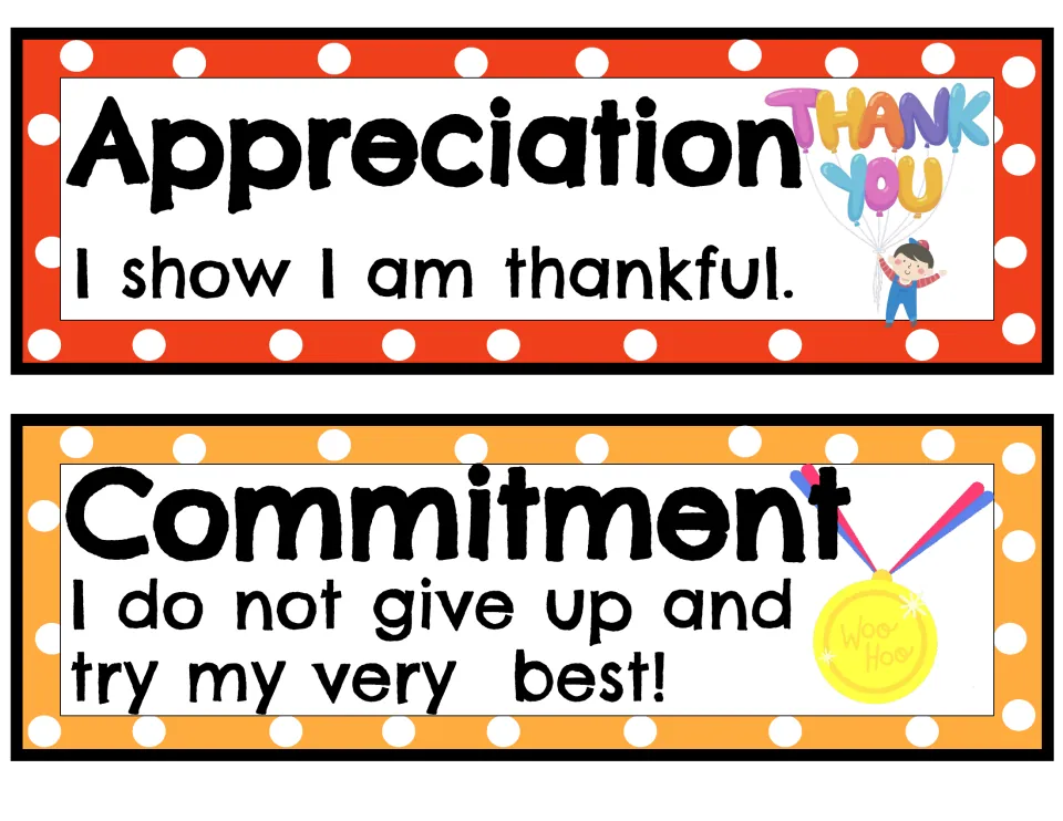 Attitude strips 1–2: Appreciation says I show I am thankful; Commitment says I do not give up and try my very best