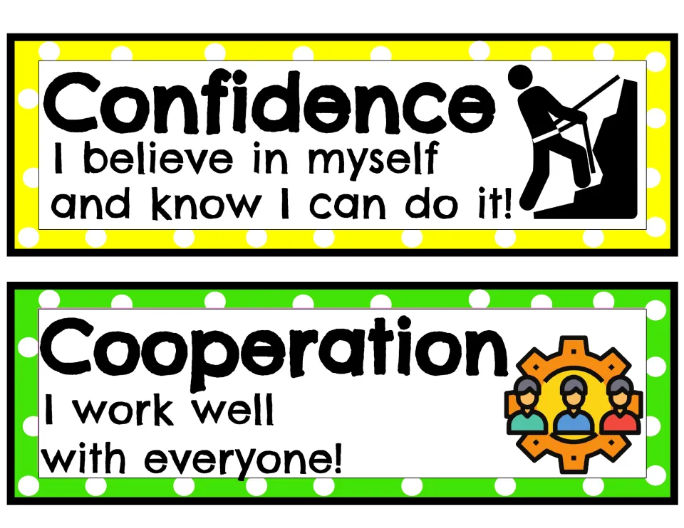 Attitude strips 3–4: Confidence says I believe in myself; Cooperation says I work well with everyone