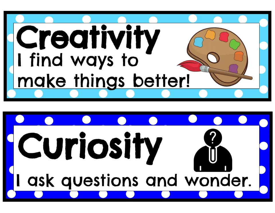 Attitude strips 5–6: Creativity says I find ways to make things better; Curiosity says I ask questions and wonder