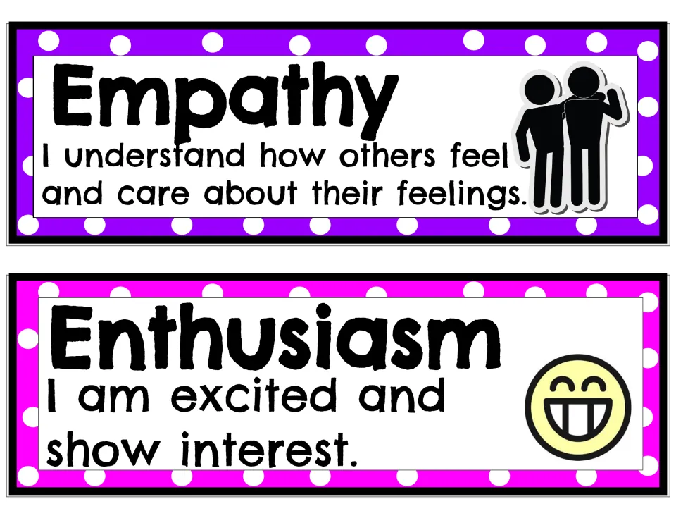 Attitude strips 7–8: Empathy describes caring about others' feelings; Enthusiasm describes excitement and interest
