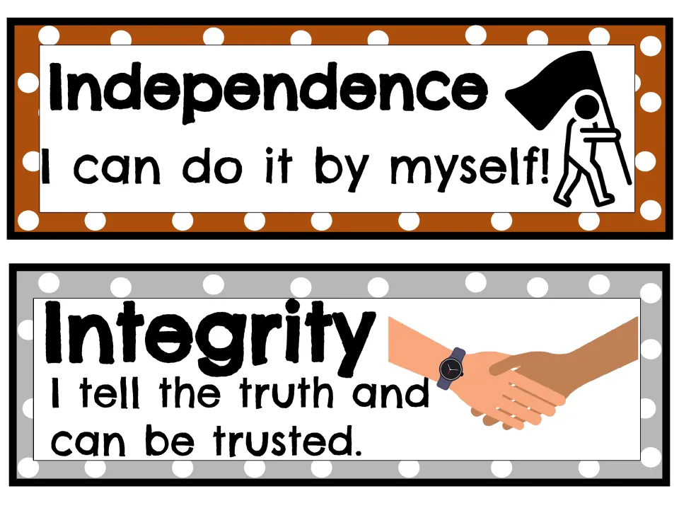 Attitude strips 9–10: Independence says I can do it by myself; Integrity says I tell the truth and can be trusted
