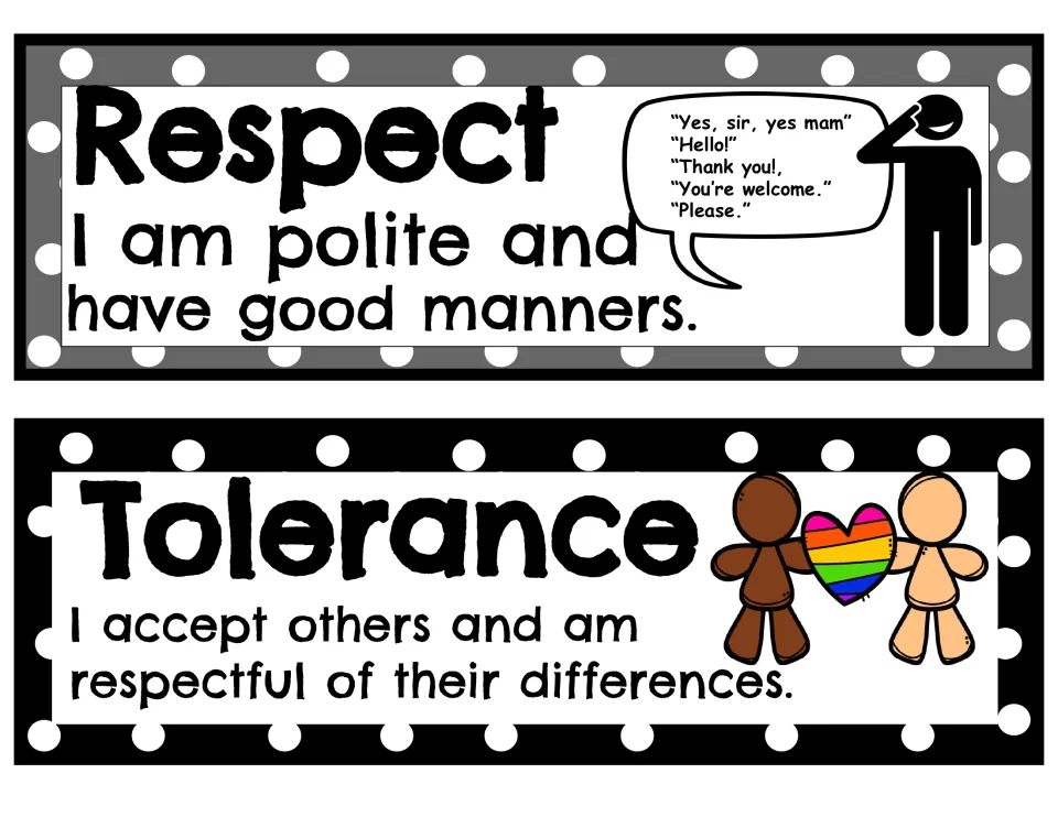 Attitude strips 11–12: Respect describes politeness and good manners; Tolerance describes accepting differences