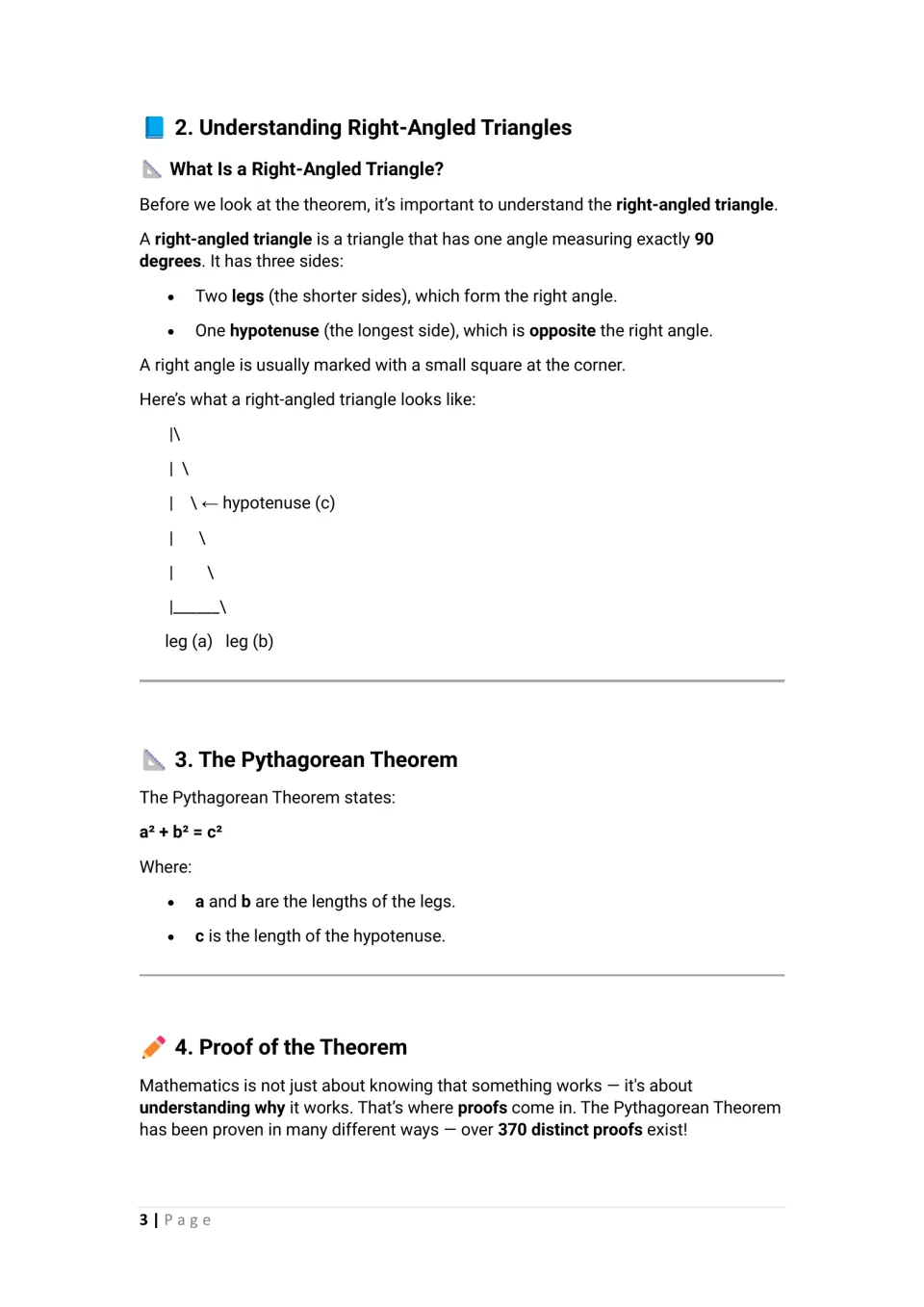 Lesson on right triangles defines legs and hypotenuse, introduces a² + b² = c², and begins the proof section