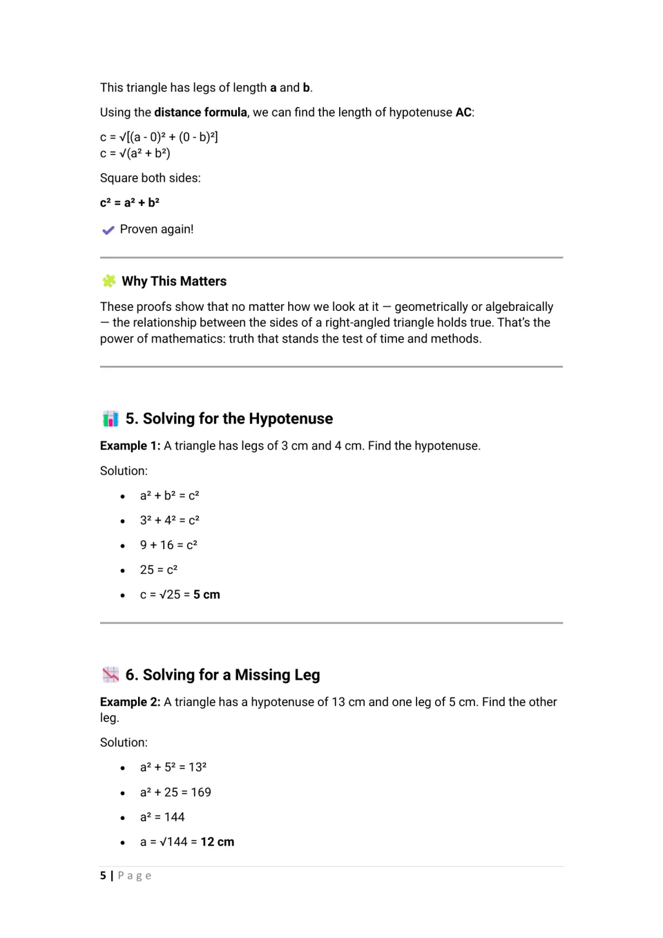 Lesson finishes the coordinate calculation and models finding a 5 cm hypotenuse and a 12 cm missing leg