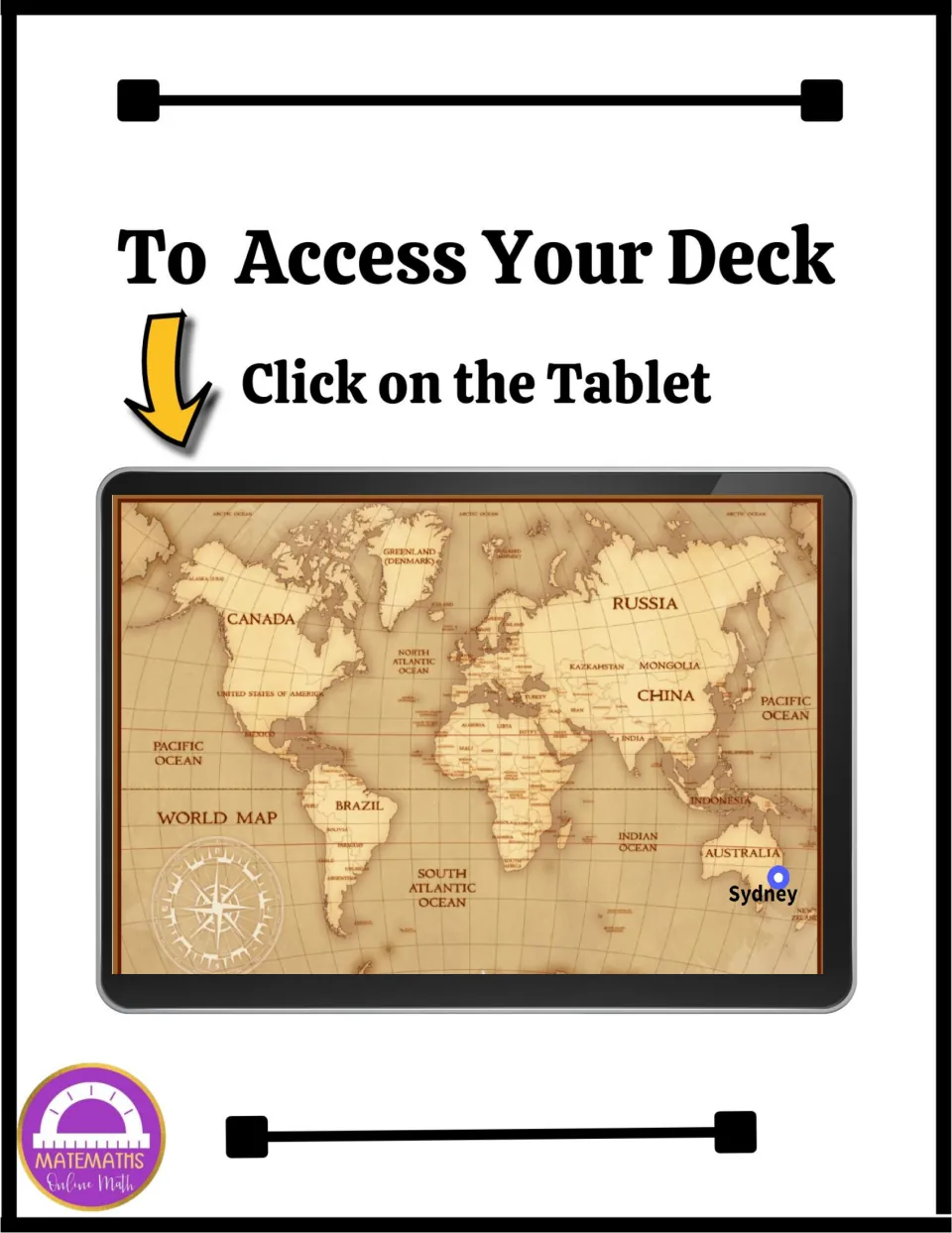 Digital escape room access page: students click the world map tablet, marked at Sydney, to open the digital deck