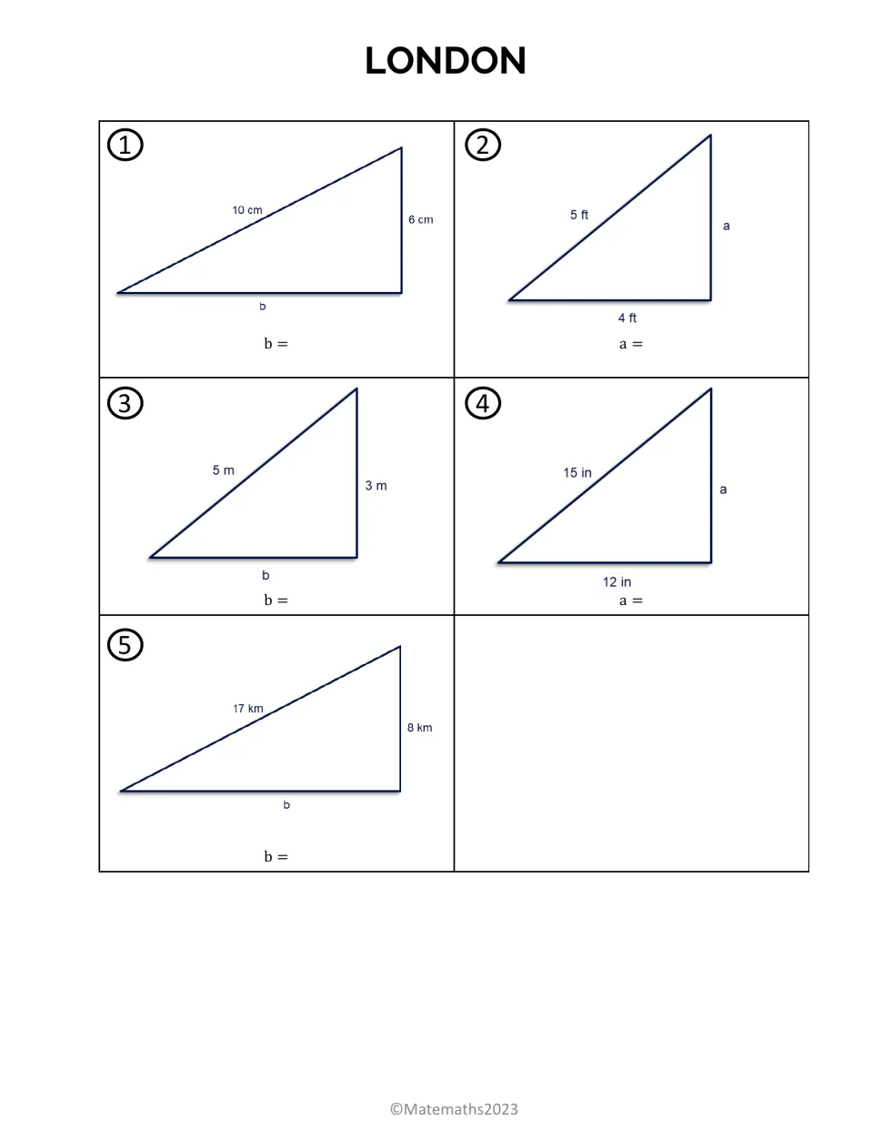 London stop: students find a missing leg a or b in five right triangles given the hypotenuse, such as 10 cm and 6 cm