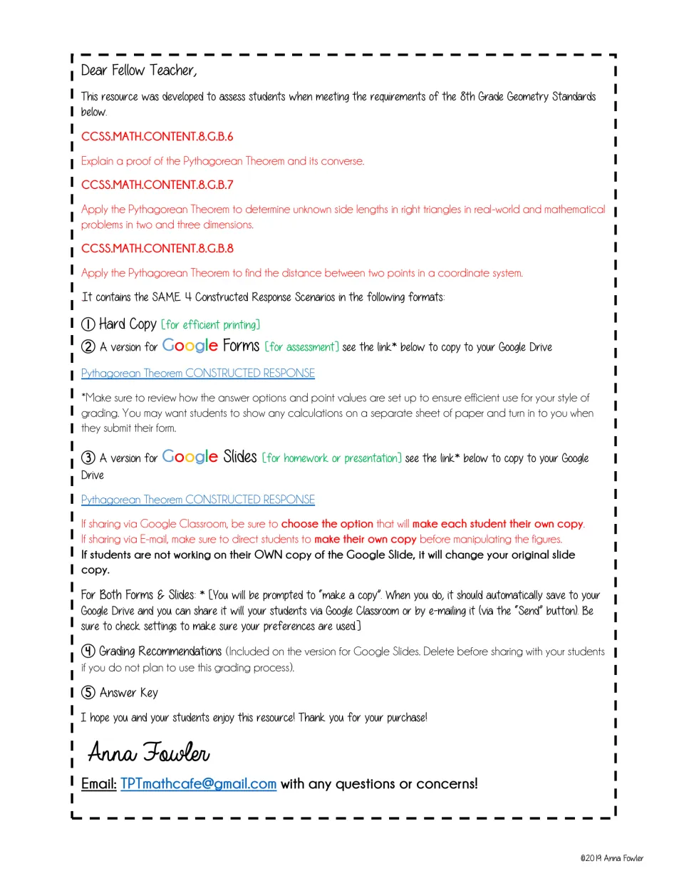 Teacher letter listing 8.G.B.6-8 standards and the contents: print copy, Google Forms and Slides, rubric, answer key