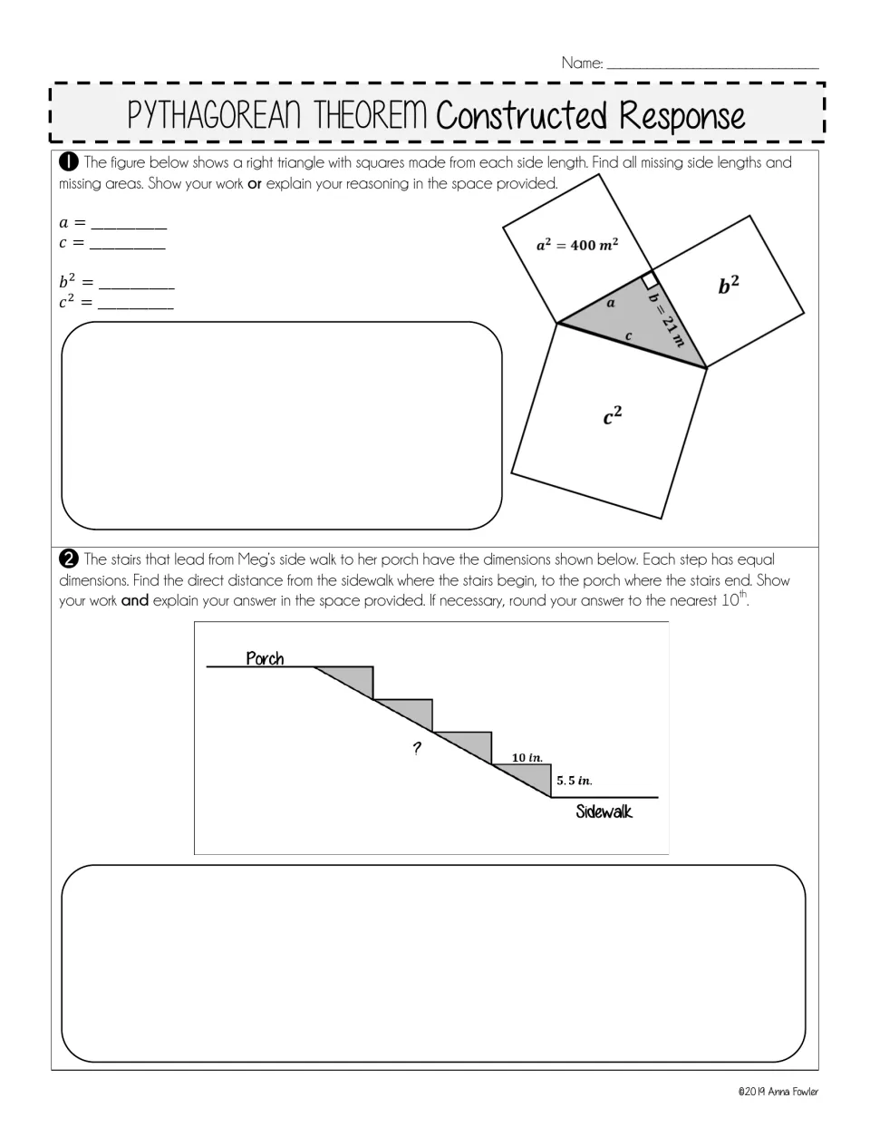 Pythagorean Theorem tasks 1-2: find missing sides and square areas of a right triangle, then the distance up 4 stairs