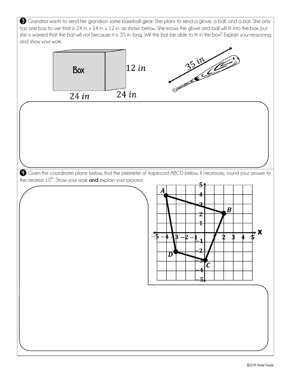 Tasks 3-4: decide if a 35 in. bat fits in a 24x24x12 in. box, then find trapezoid ABCD's perimeter on a coordinate plane