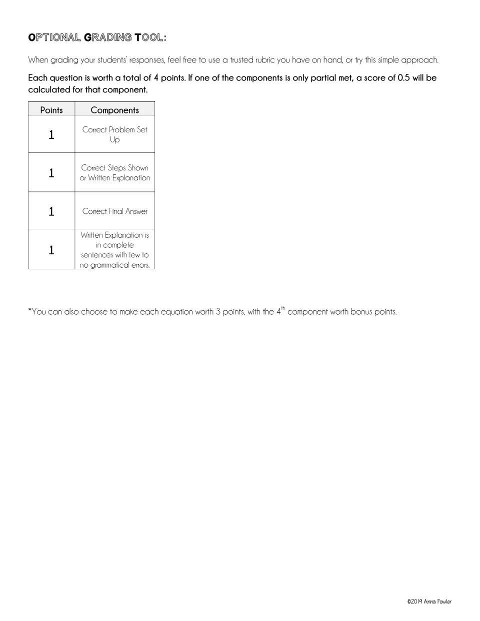 Optional grading tool: 4-point scoring per response, 1 point each for setup, steps, final answer and written explanation