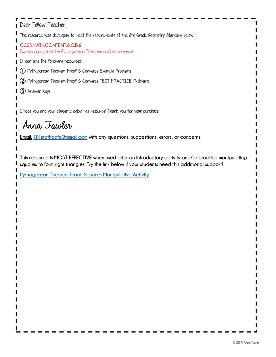 Teacher letter citing standard 8.G.B.6 and listing example problems, test practice problems and answer keys