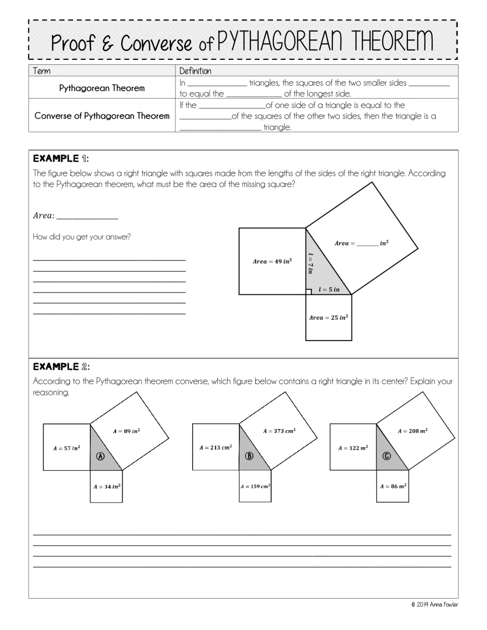 Pythagorean theorem and converse notes: fill-in definitions, find a missing square's area, spot the right triangle