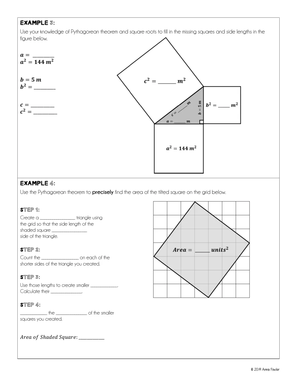 Examples 3 and 4: students use square roots to find missing sides and areas, then find a tilted square's area on a grid