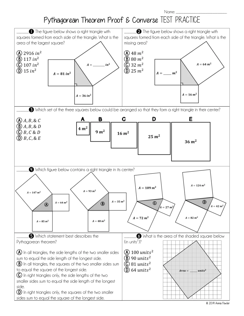 Test practice questions 1-6: multiple choice on missing square areas, which squares form a right triangle, theorem wording