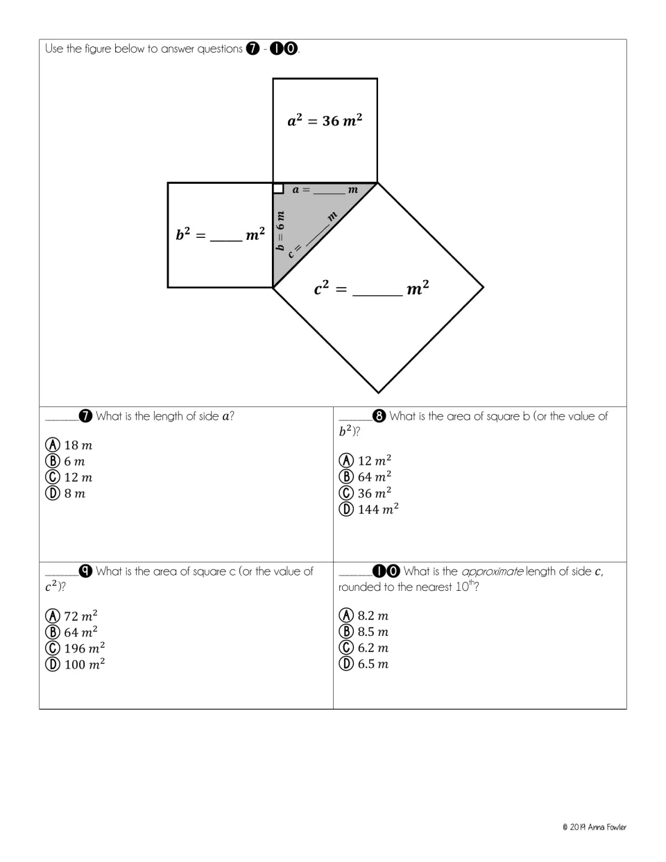 Test practice questions 7-10: a right triangle with a² = 36 m² and b = 6 m; students find side a, areas and length c