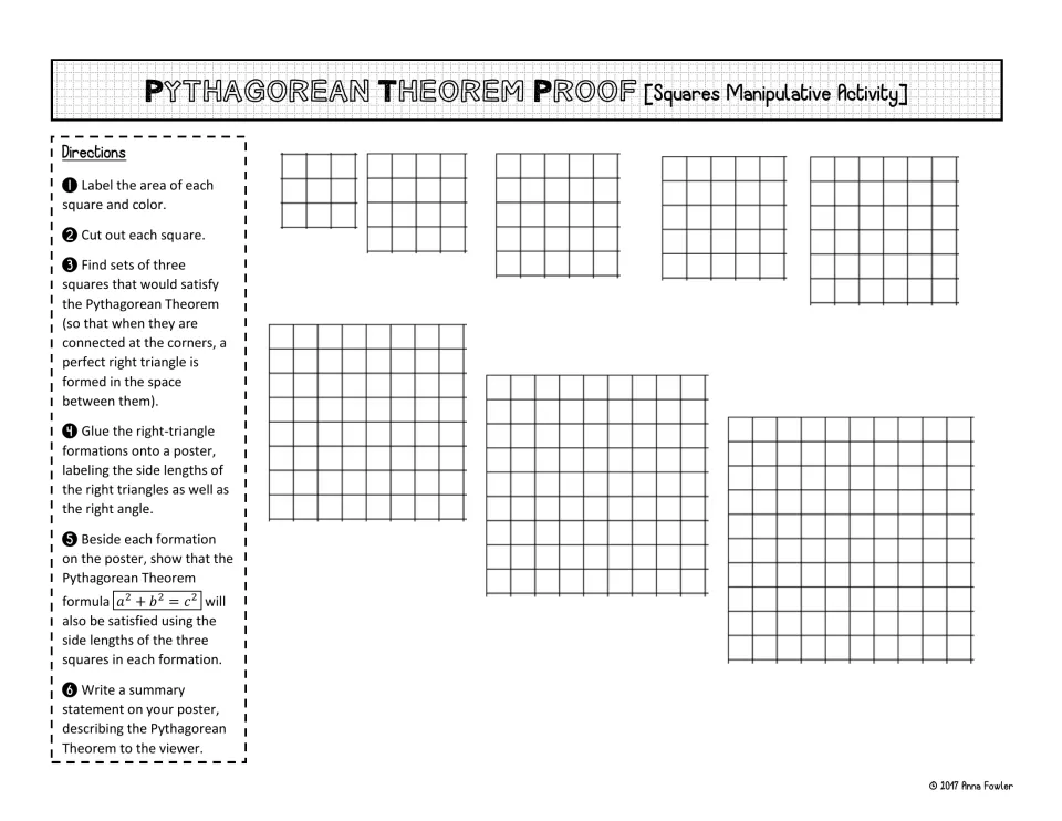 Pythagorean Theorem directions: students label and cut out grid squares, then find three that form a right triangle